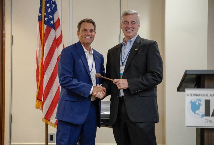 IARA Presidential handoff: Paul Seger (L) steps down after a two-year term and hands gavel to Jeff Bescher, who serves 2021-2023. - Photo: IARA