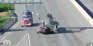 Big rig demonstrates why you shouldn't park on the interstate